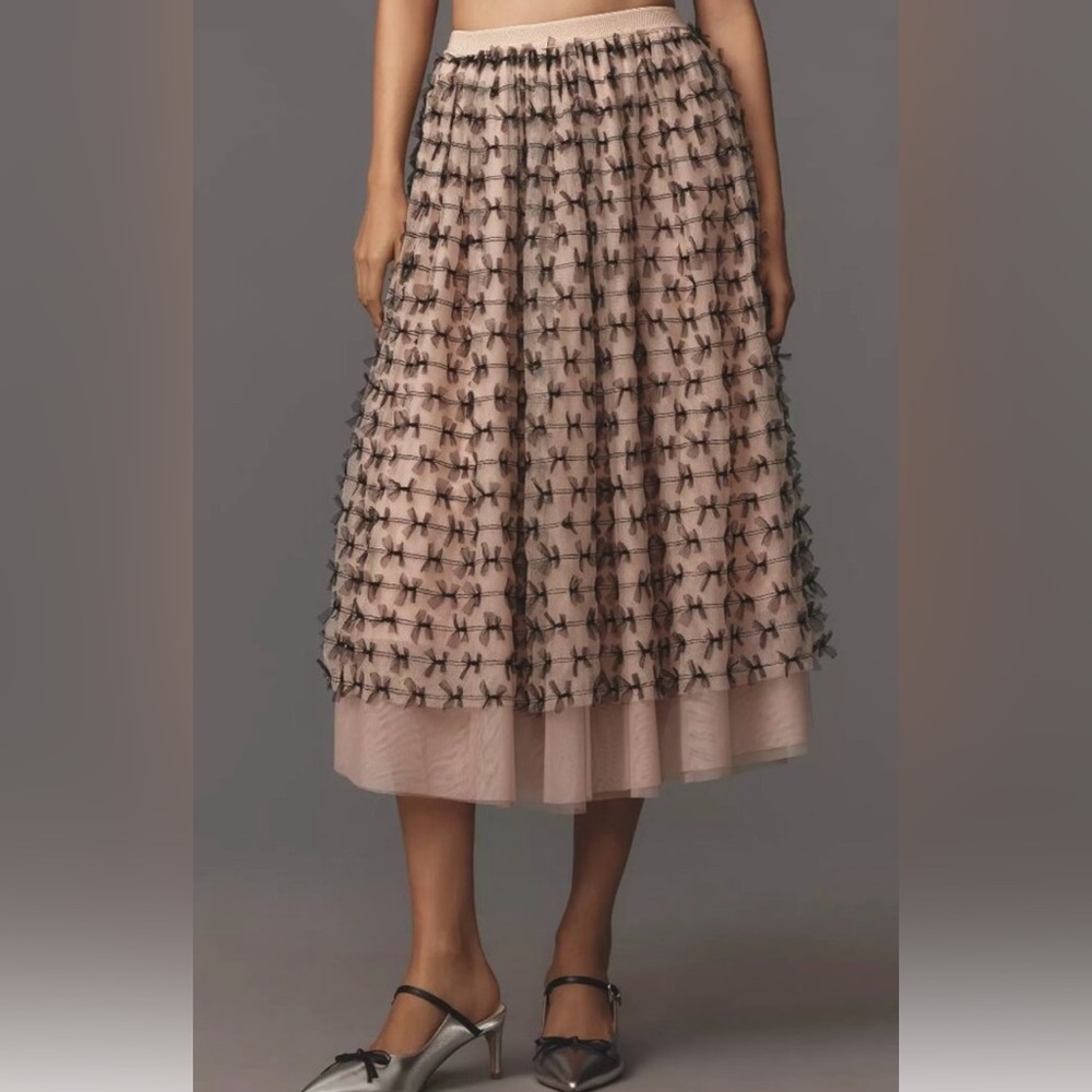 Anthropologie Maeve All-Over Bow Tulle Midi Skirt Neutral Motif Pink M